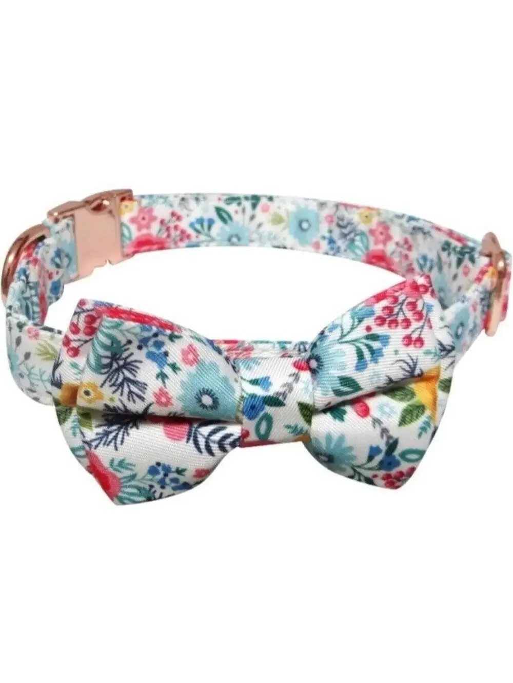 Dog Bow Tie Pet Collar, Blue Floral Metal Buckle Dog Collar, Adjustable Medium